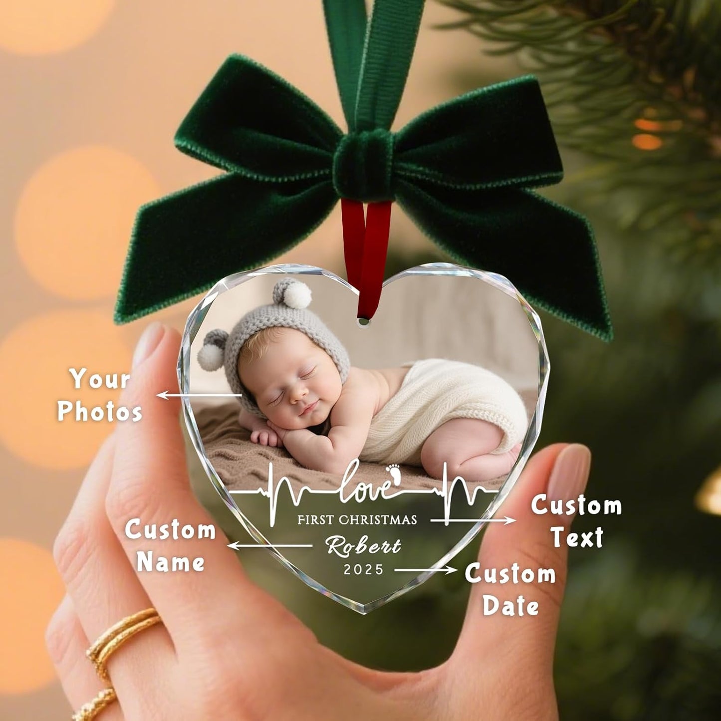 Custom Christmas Ornament Glass-Personalized Christmas Ornaments with Photo/Name/Date/Text,Wedding