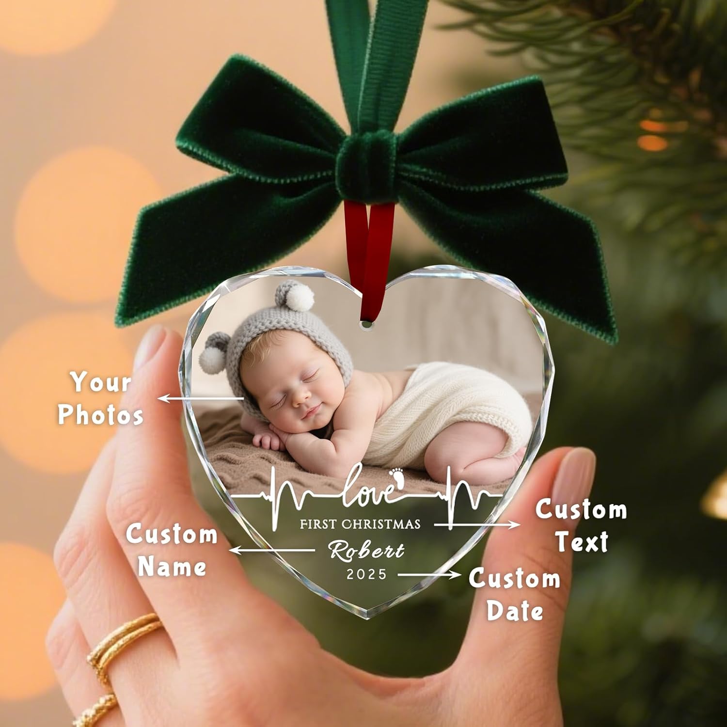 Custom Christmas Ornament Glass-Personalized Christmas Ornaments with Photo/Name/Date/Text,Wedding