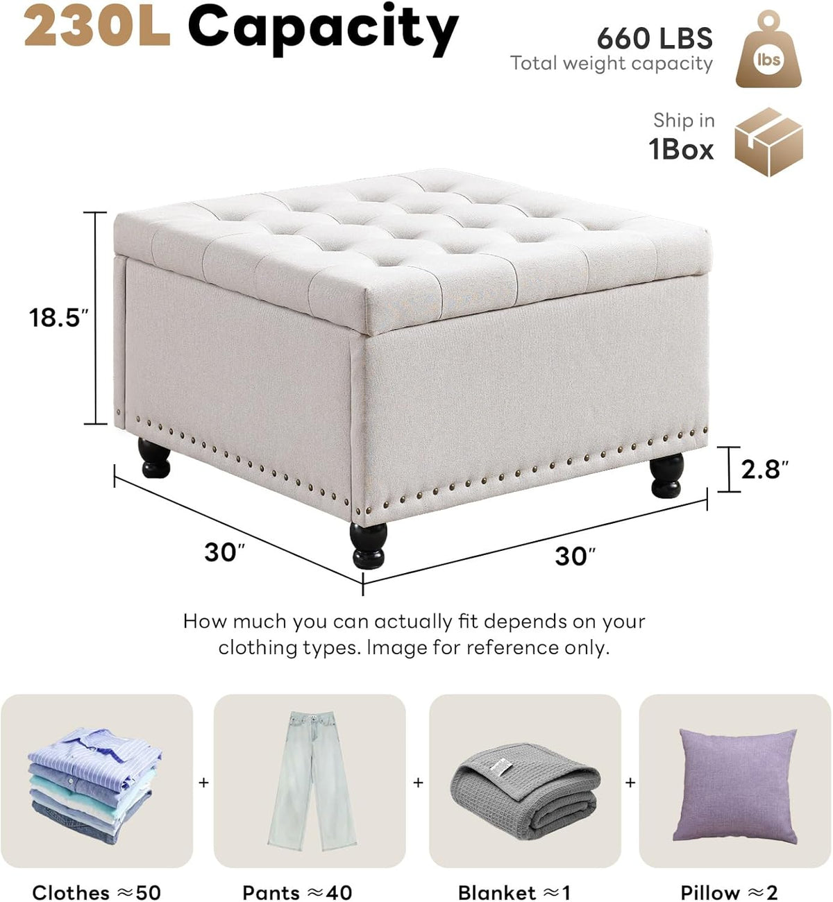 Tbfit Large Square Storage Ottoman Bench, Botton Tufted Upholstered Coffee Table with Wooden Legs