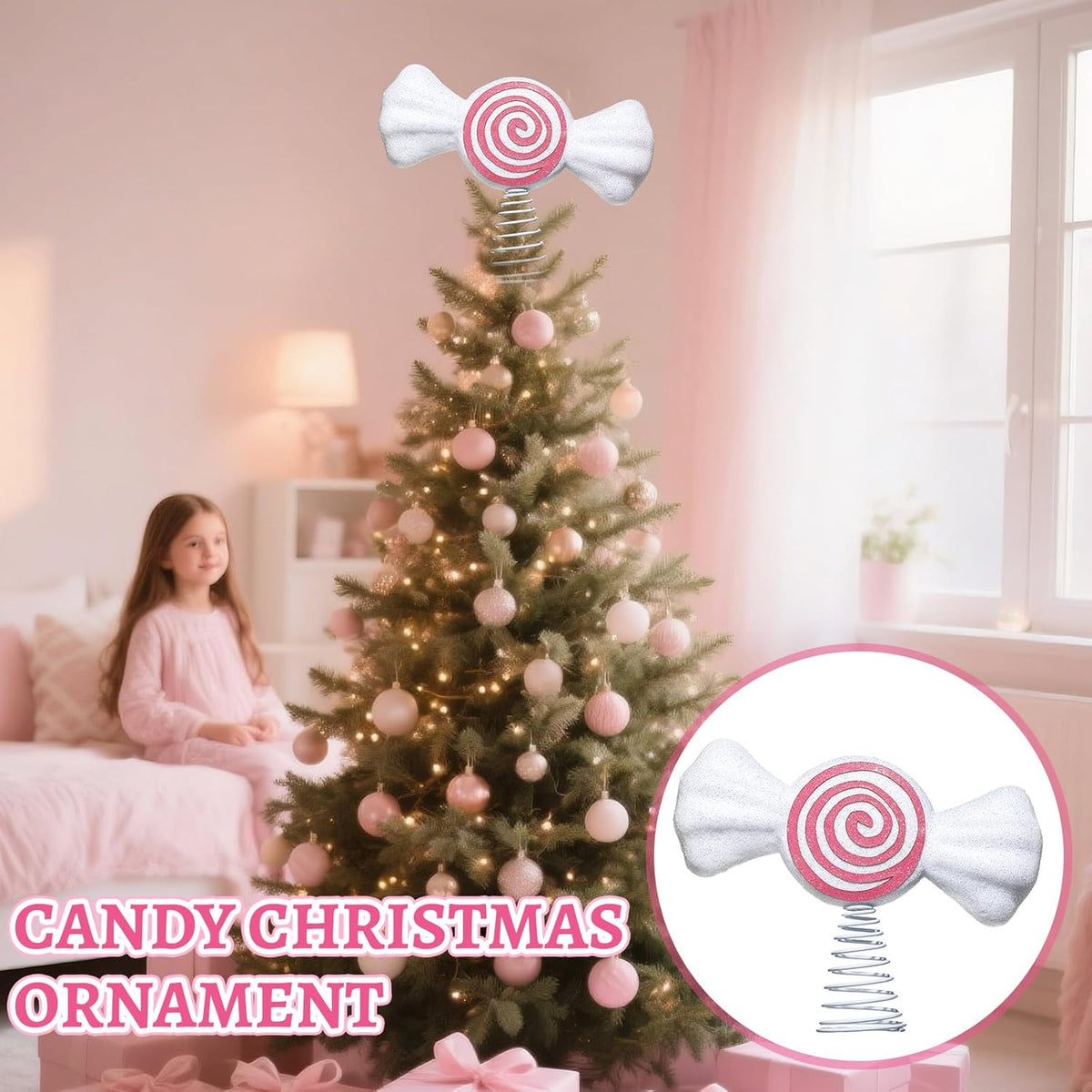 Retisee 9.8 in Large Pastel Candy Christmas Tree Topper Pink Candy Swirl Treetop Pink Pastel
