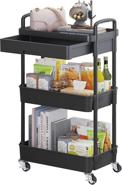 Calmootey 3-Tier Rolling Utility Cart with Drawer,Multifunctional Storage Organizer with Plastic