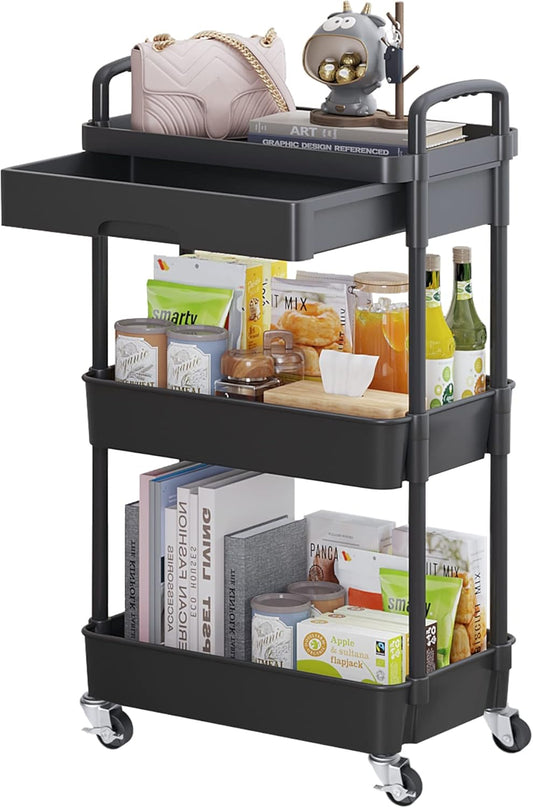 Calmootey 3-Tier Rolling Utility Cart with Drawer,Multifunctional Storage Organizer with Plastic