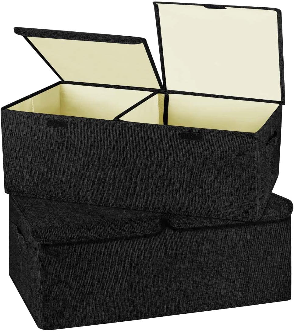 2 Pack Large Linen Fabric Collapsible Storage Bins with Lid and Handles, Washable Storage Box