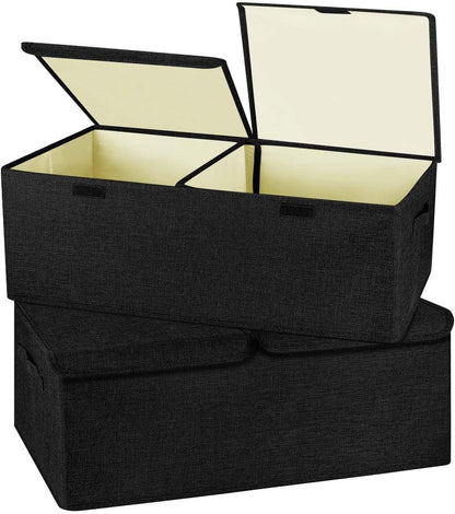 2 Pack Large Linen Fabric Collapsible Storage Bins with Lid and Handles, Washable Storage Box