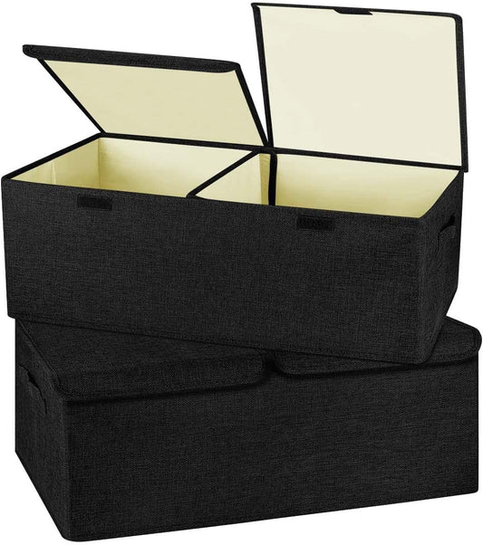 2 Pack Large Linen Fabric Collapsible Storage Bins with Lid and Handles, Washable Storage Box