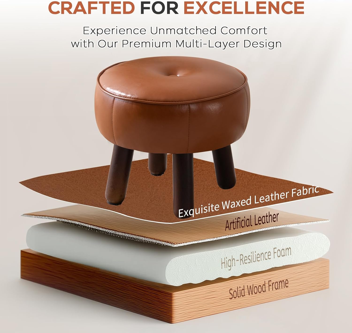 Small Foot Stool, Round Faux Leather Pouf Ottoman Foot Rest, Footstool Ottomans with Rubber Legs