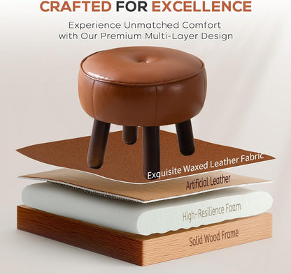 Small Foot Stool, Round Faux Leather Pouf Ottoman Foot Rest, Footstool Ottomans with Rubber Legs