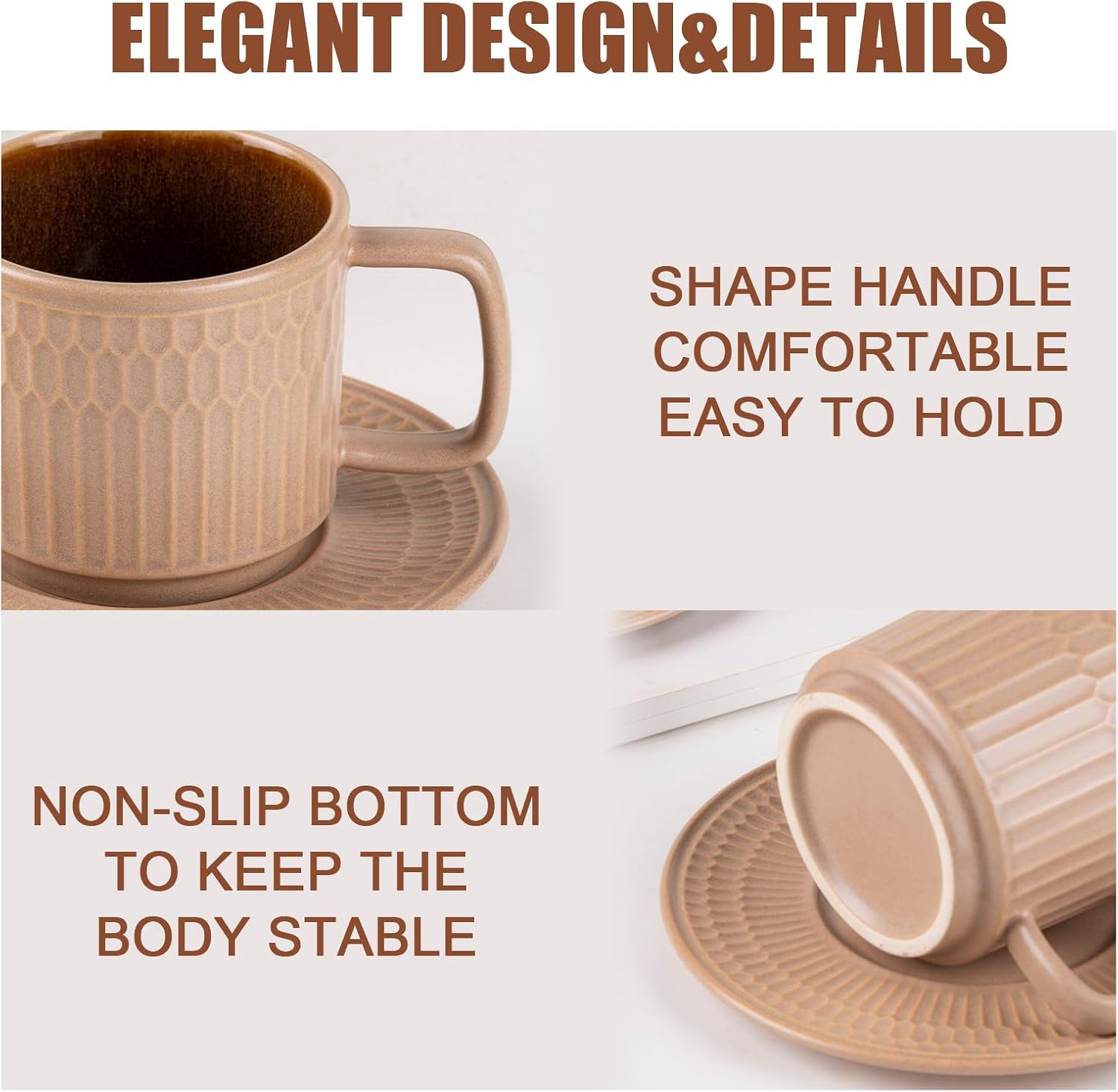Large Cappuccino Cups with Saucers Set of 4, 8 Ounce Stackable Embossed Ceramic Coffee Mugs for