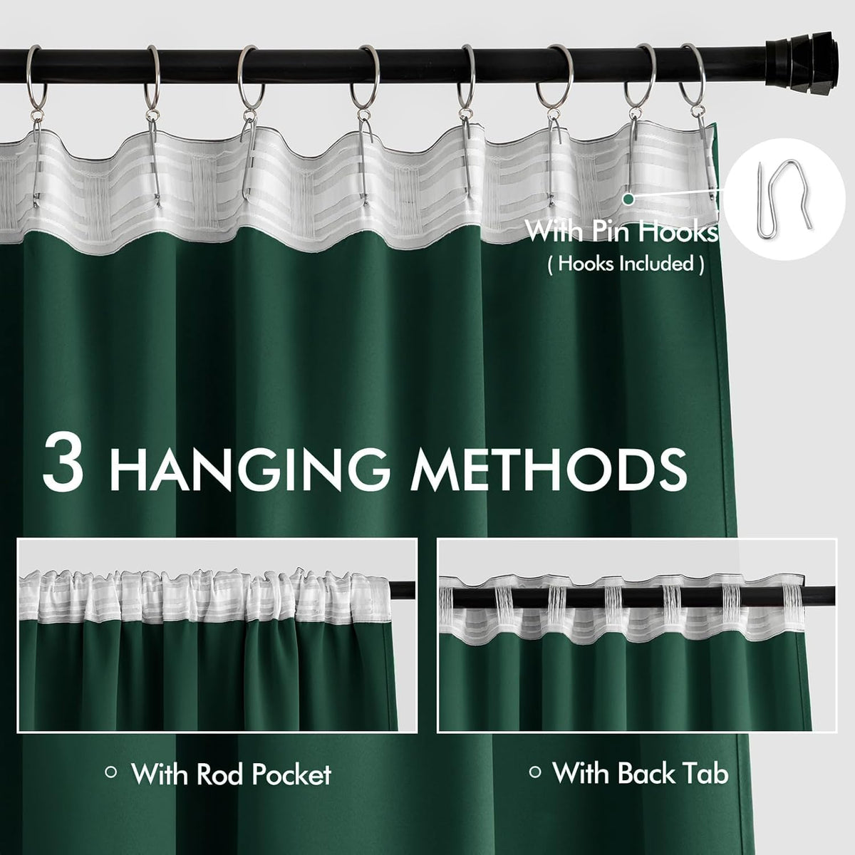 MIULEE Hunter Green Back Tab Blackout Curtains 108 Inch Long 2 Panels Set for Living Room Bedroom