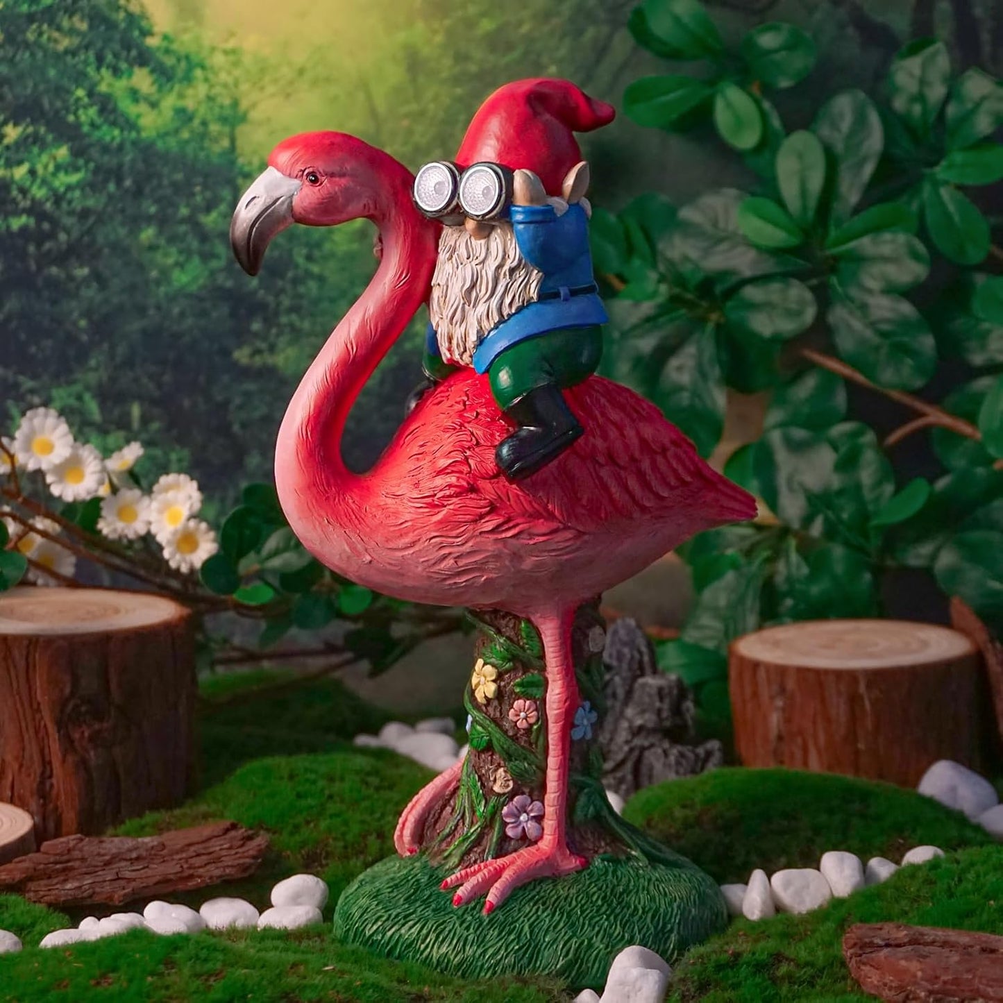 Solar Flamingo Gnome Garden Decor Statue, Outdoor Funny Solar Light Decoration for Yard, Patio
