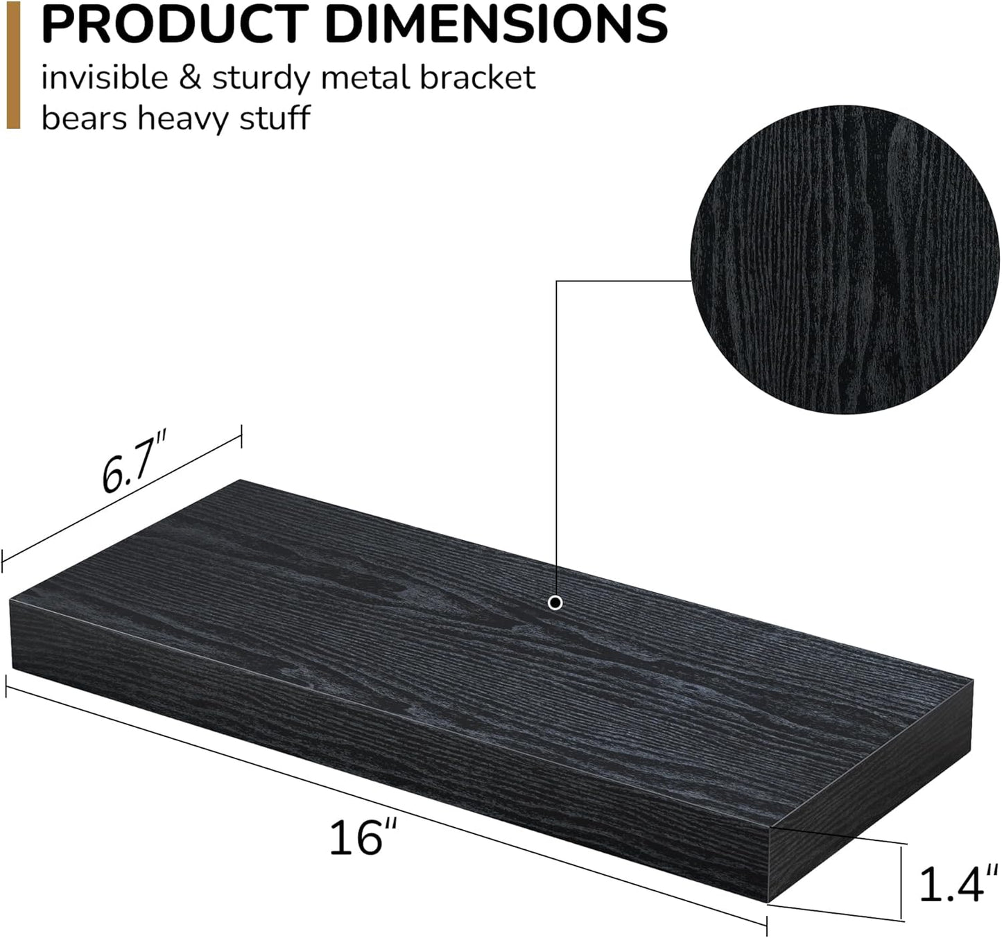 Fun Memories Floating Shelves - 16 Inch Rustic Black Wall Shelf - Wall Mounted Shelves for Wall