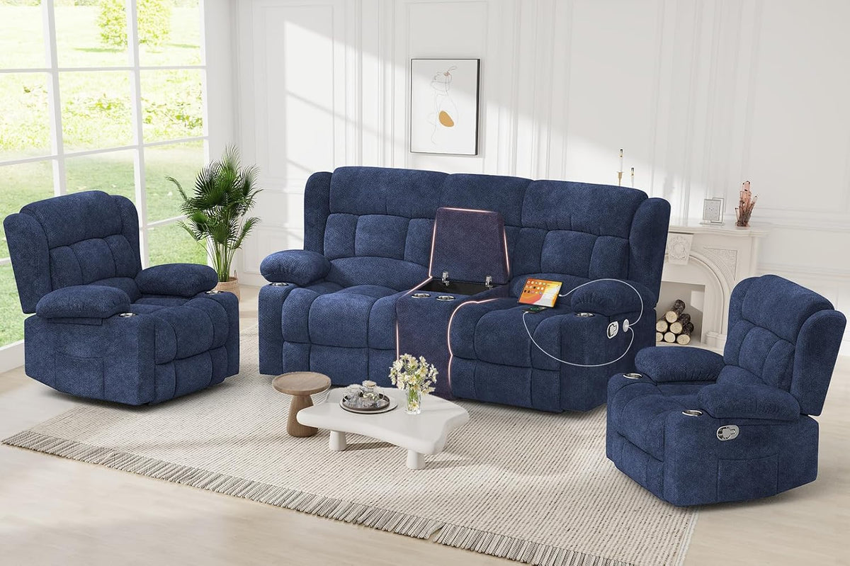 Recliner Sofa Set with 2+1+1 Pieces, Fabric Manual Pull Tab Reclining Loveseat with Storage
