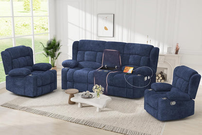 Recliner Sofa Set with 2+1+1 Pieces, Fabric Manual Pull Tab Reclining Loveseat with Storage
