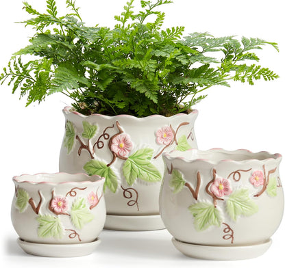 Ceramic Plant Pots with Drainage Holes and Saucers, Round Flower Pots for Indoor Plant, 3.9/5.2/6.7