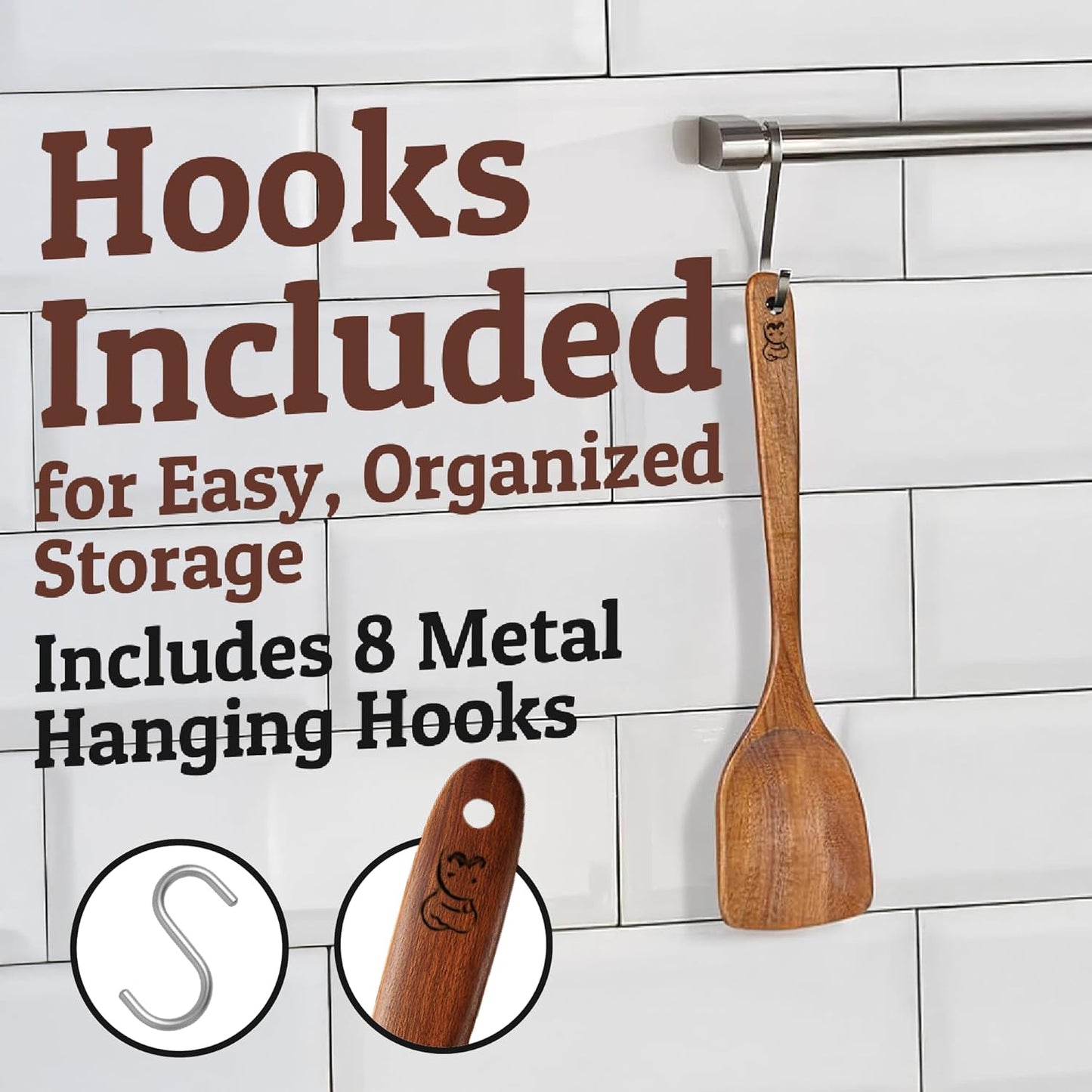 PriorityChef Premium Wooden Spoons for Cooking - 8pc Smooth Finish Teak Utensil Set with Hanging