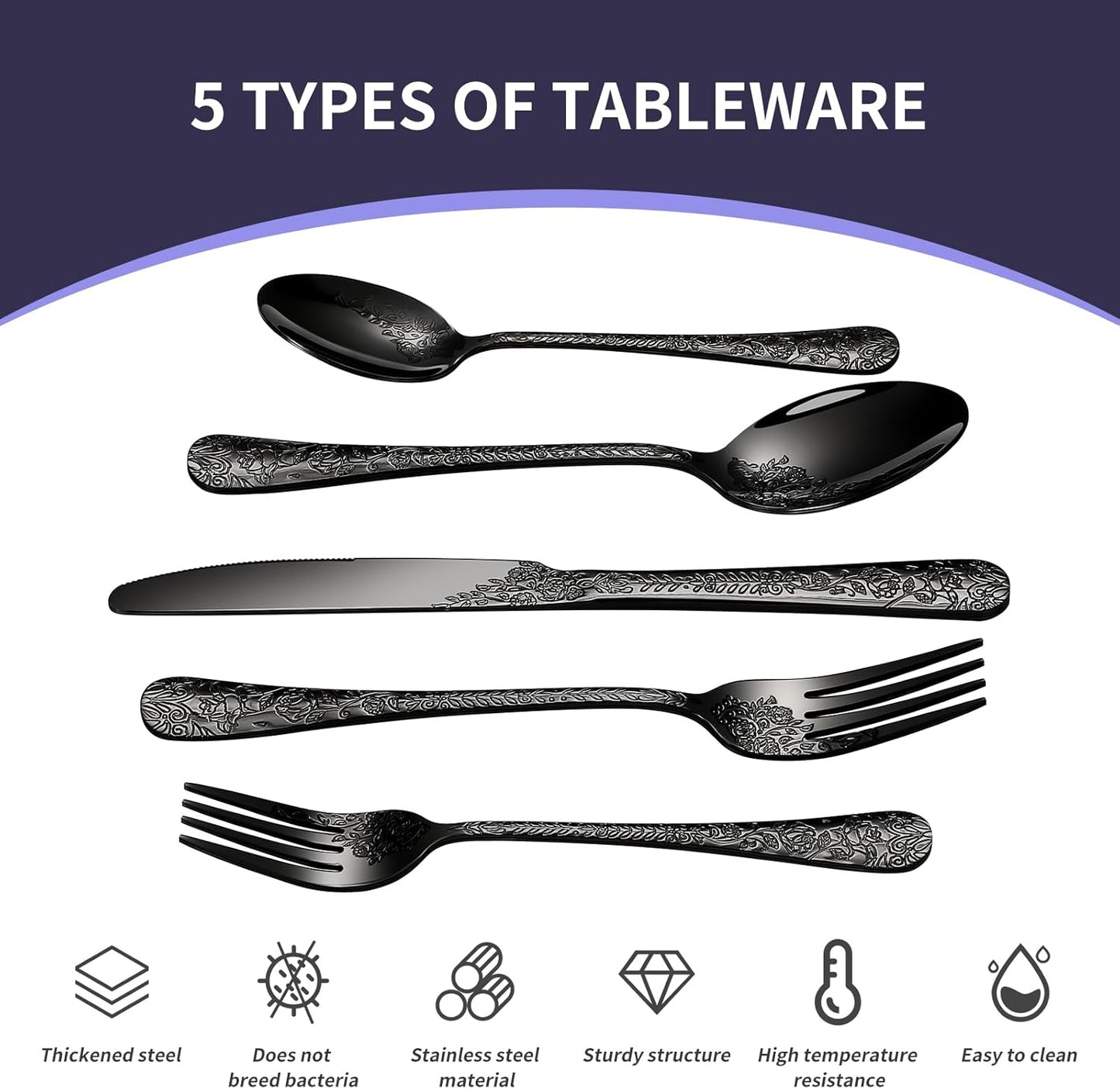 Floral 40 Pcs Black Silverware Set for 8, Food Grade Stainless Steel Flatware Set with Rose Flower