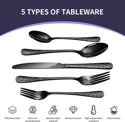 Floral 40 Pcs Black Silverware Set for 8, Food Grade Stainless Steel Flatware Set with Rose Flower