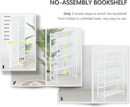 4NM No Assembly 4 Tiers Folding Bookshelf, 47.2" H Foldable Storage Shelves Vintage Bookcase