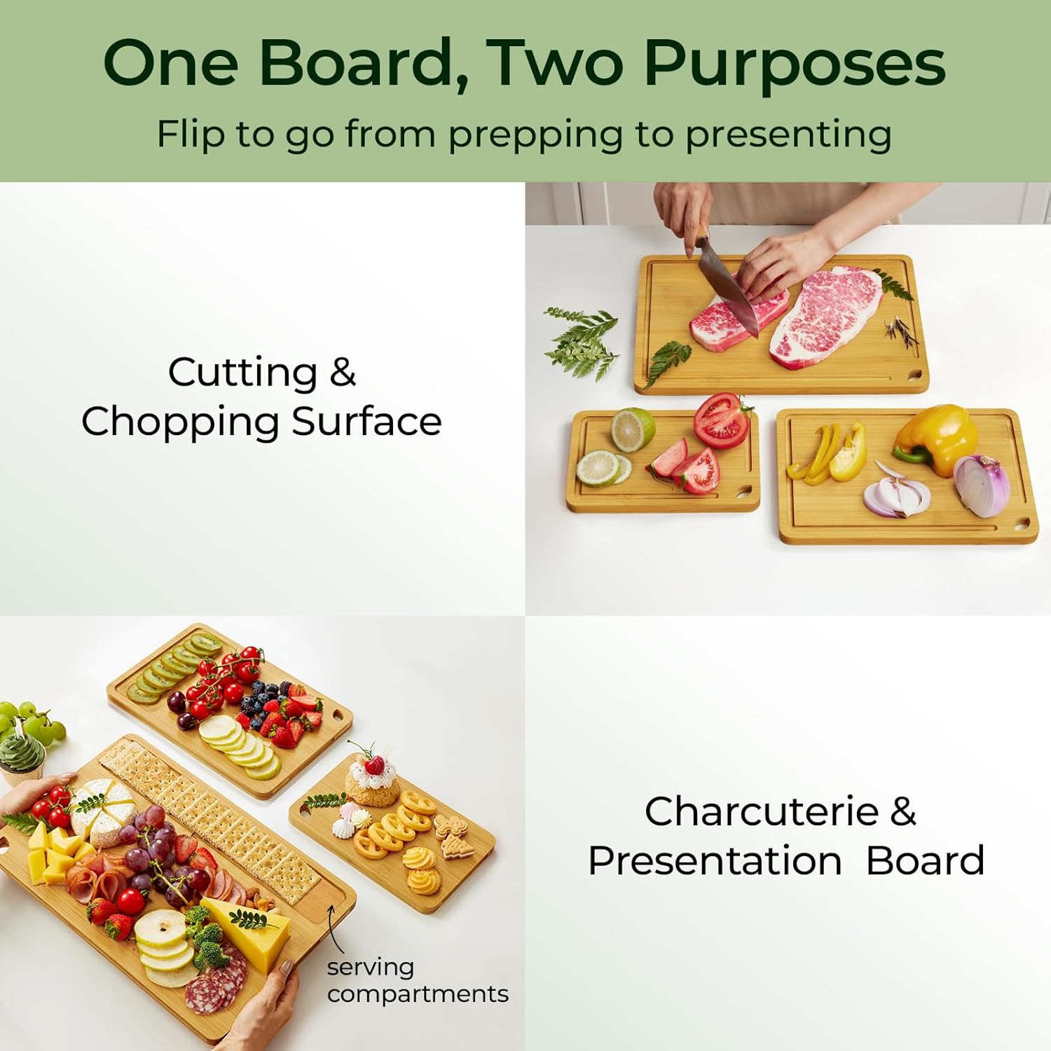 Wood Cutting Board for Kitchen - Reversible Bamboo Cutting Boards Gift Set of 3 with Juice Groove