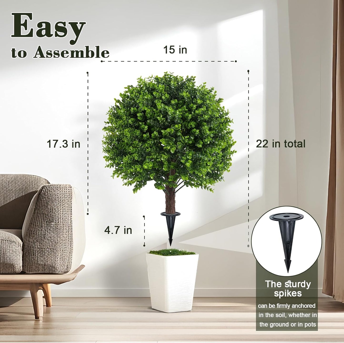 Artificial Boxwood Topiary Outdoor Plants with Spike, 2 Pack Faux Bushes UV Resistant Fake Shrubs