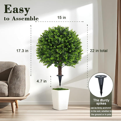Artificial Boxwood Topiary Outdoor Plants with Spike, 2 Pack Faux Bushes UV Resistant Fake Shrubs