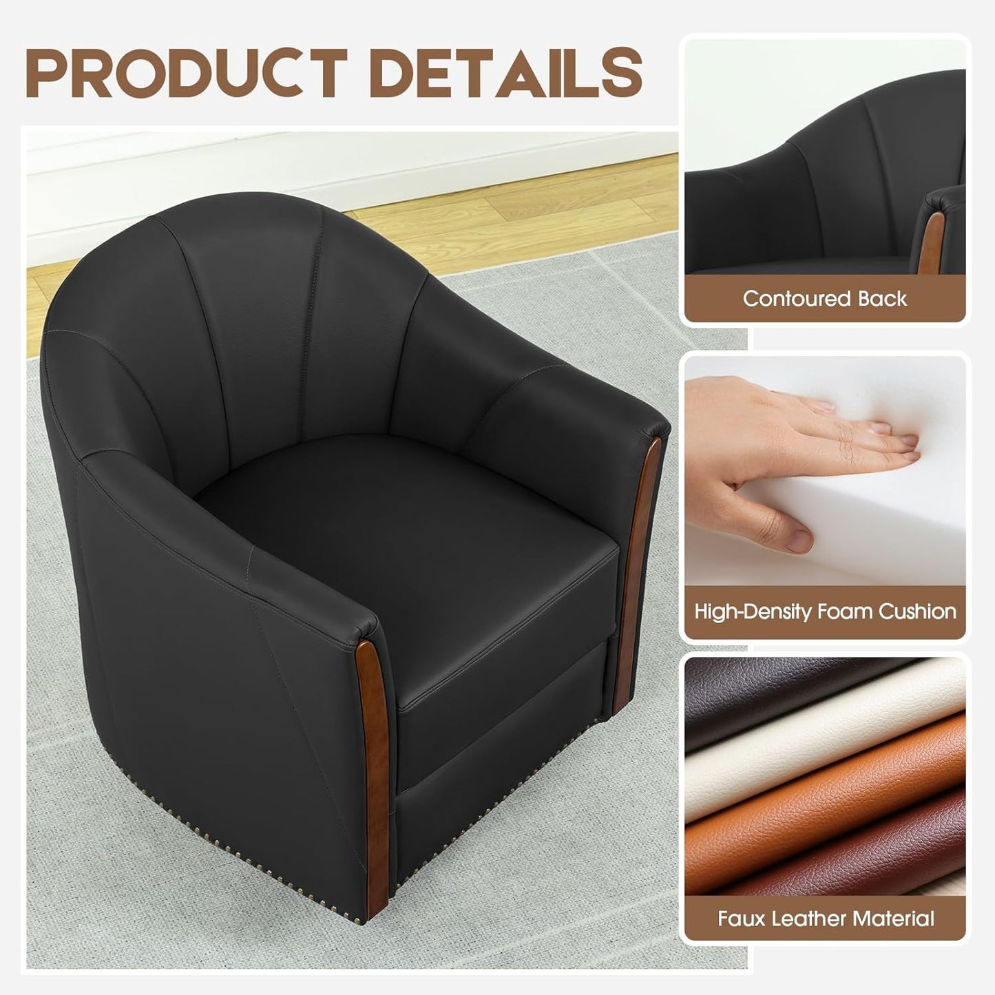360° Swivel Accent Chair, Modern Leather Barrel Club Chair with PU Leather Upholstery and Sturdy