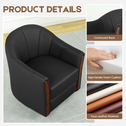 360° Swivel Accent Chair, Modern Leather Barrel Club Chair with PU Leather Upholstery and Sturdy