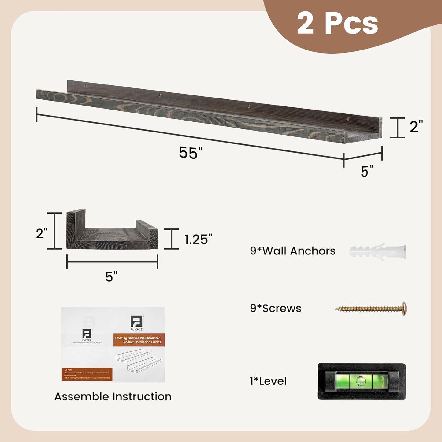 Picture Ledge Shelf, Floating Shelves Set of 2, Solid Pine Wood 55'' Long Large Nursery Book