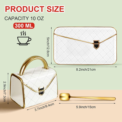 Zubebe 1 Set Coffee Mug Elegant Handbag Shaped Cup Modern Ceramic Purse Mug with Spoon and Saucer