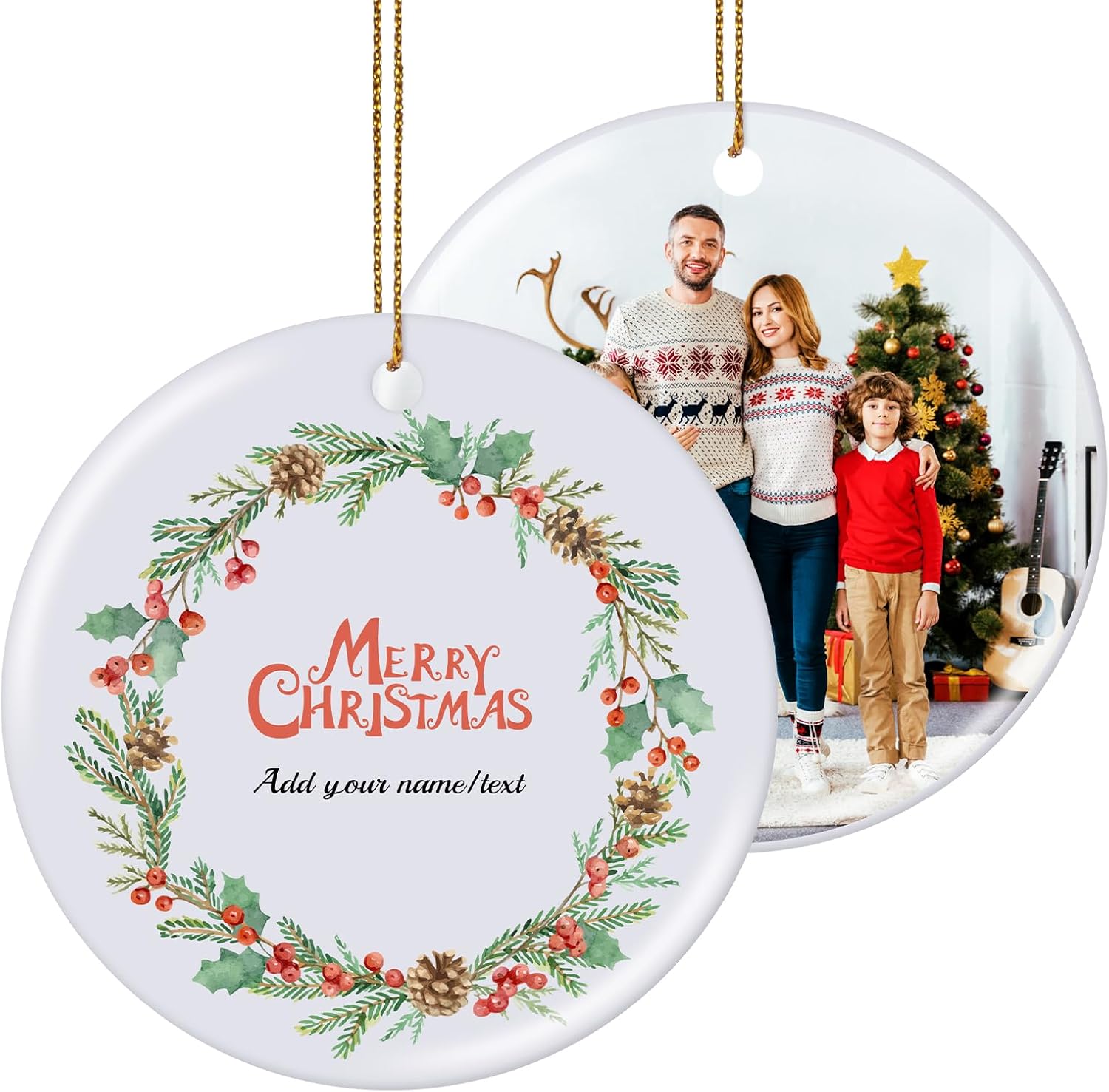 Personalized Christmas Ornaments 2025, Double-Side Custom Christmas Ornament, Round Ceramic Photo