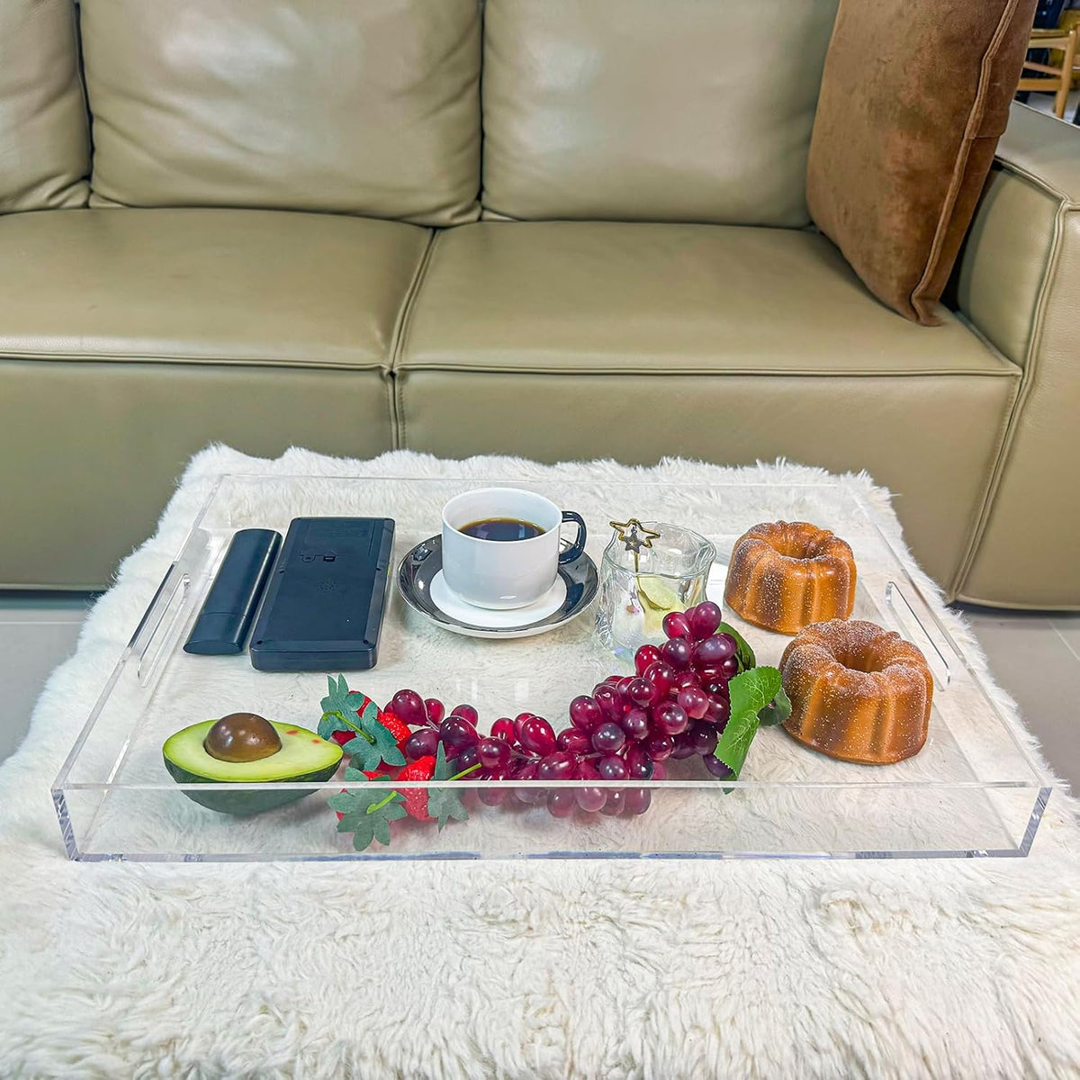 Clear Rectangular 14x20 Inches Acrylic Ottoman Tray Decorative Serving Tray with Cutout Handles