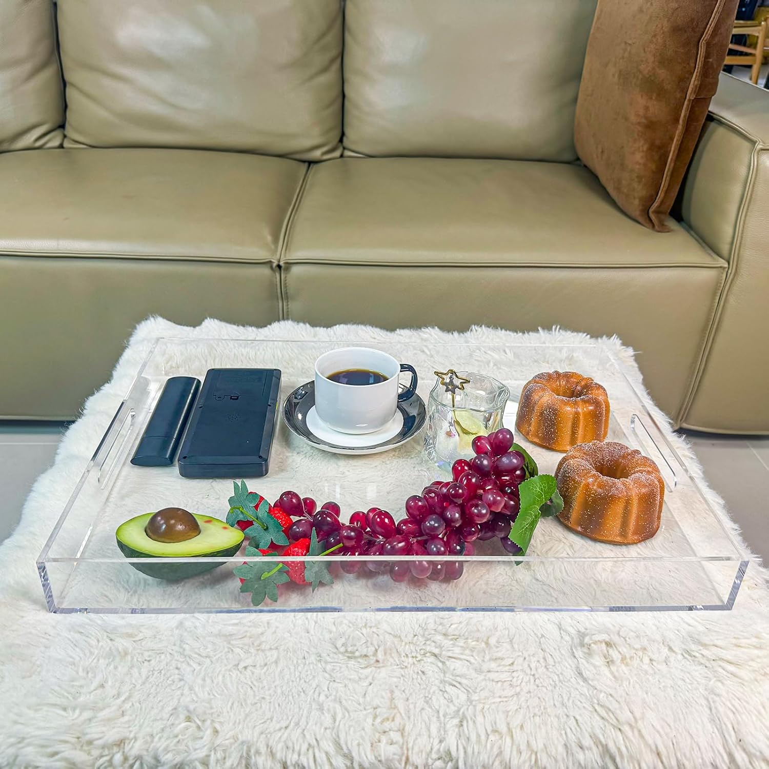 Clear Rectangular 14x20 Inches Acrylic Ottoman Tray Decorative Serving Tray with Cutout Handles