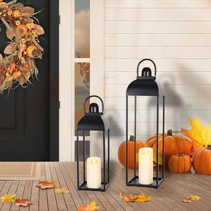 25'' 19'' Lanterns Decorative Outdoor Indoor, Black Metal Outdoor Candle Lanterns, Set of 2 Modern