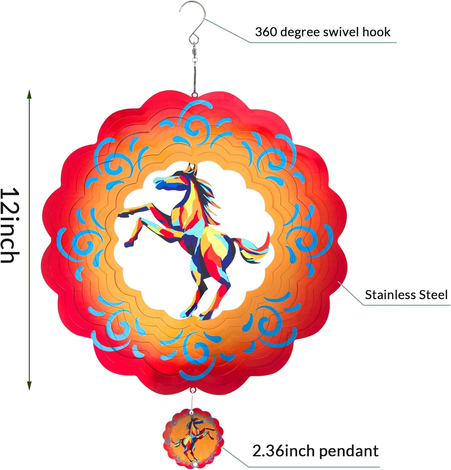 12 inch Horse 3D Stainless Steel Wind Spinners, Hanging Garden Spinner Kinetic Art Garden