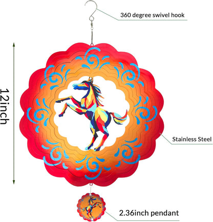 12 inch Horse 3D Stainless Steel Wind Spinners, Hanging Garden Spinner Kinetic Art Garden