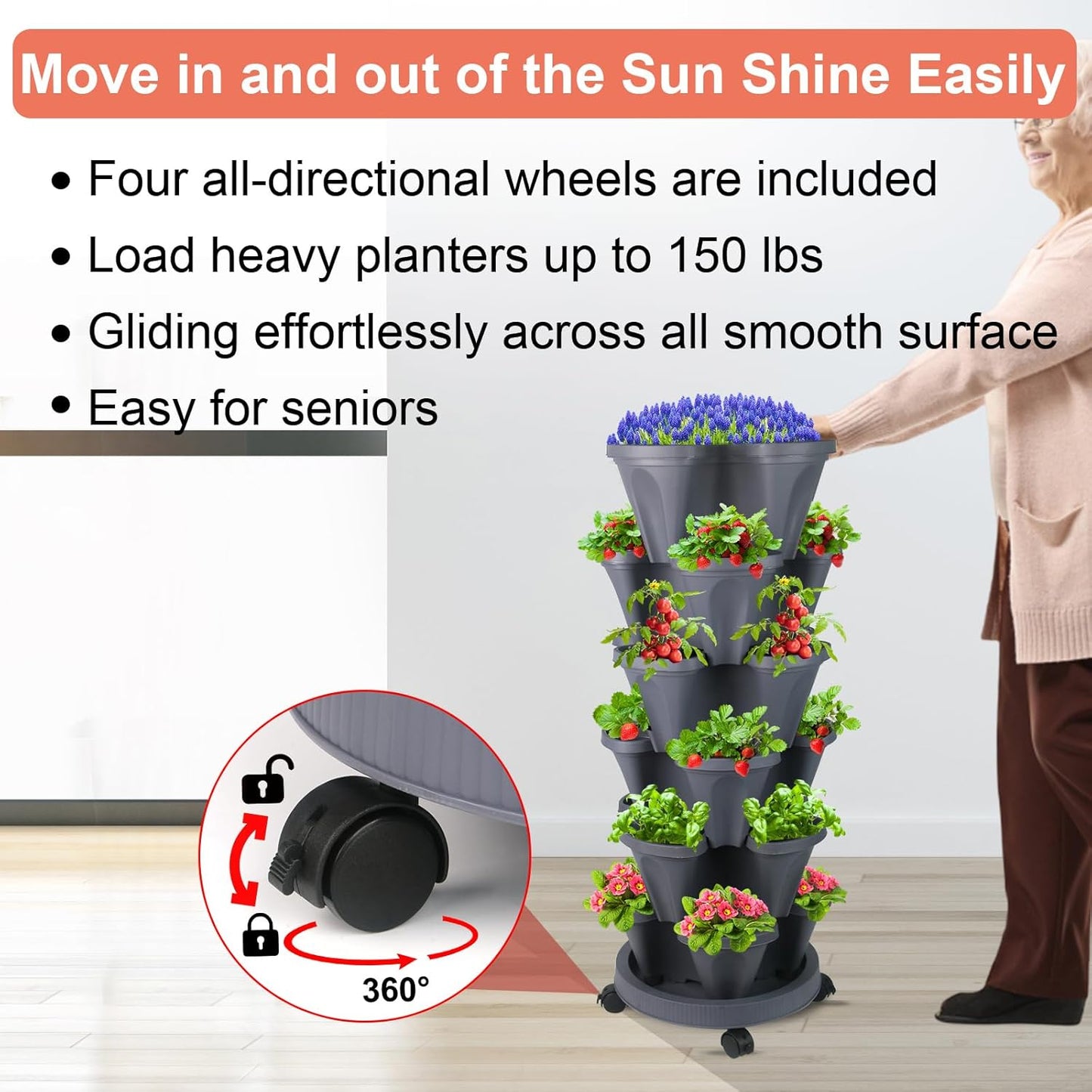 DUNCHATY Stackable Planter, Vertical Garden Planter with Wheels and Tools, Self Watering Strawberry