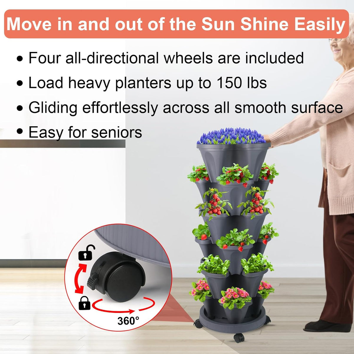 DUNCHATY Stackable Planter, Vertical Garden Planter with Wheels and Tools, Self Watering Strawberry