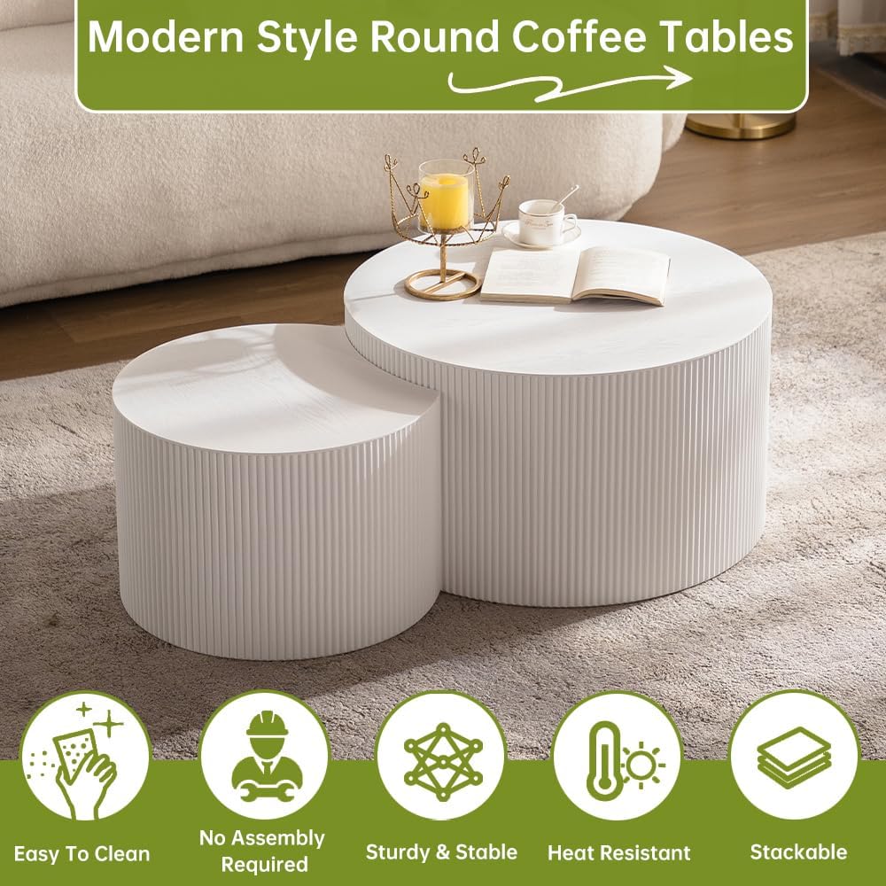 Round Nesting Coffee Table Modern White Fluted Coffee Table Set of 2 Stripe Cream Round Coffee