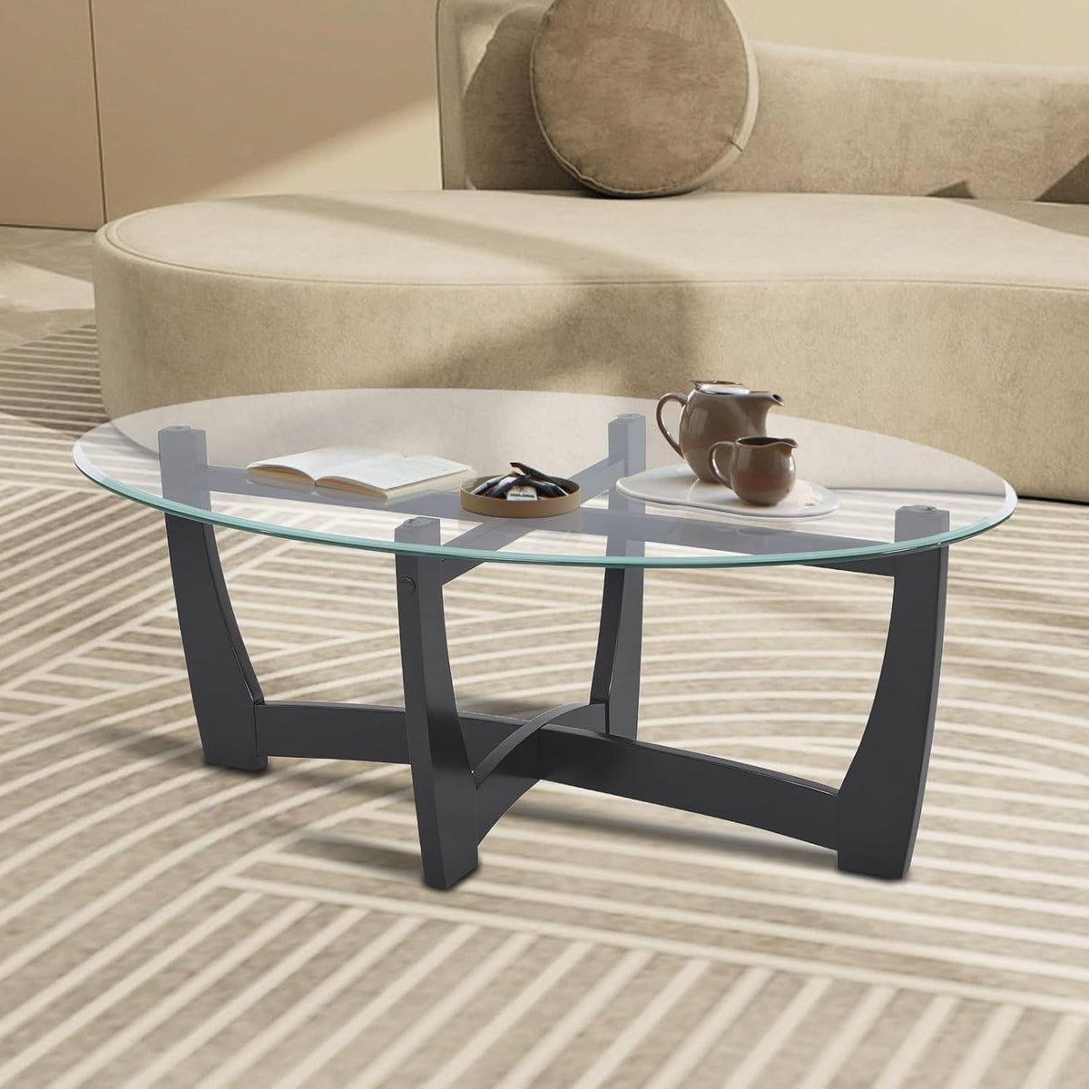 48" Oval Glass Coffee Table with Tempered Glass Top Cross and Solid Wood Base Simple & Modern