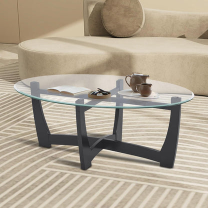 48" Oval Glass Coffee Table with Tempered Glass Top Cross and Solid Wood Base Simple & Modern