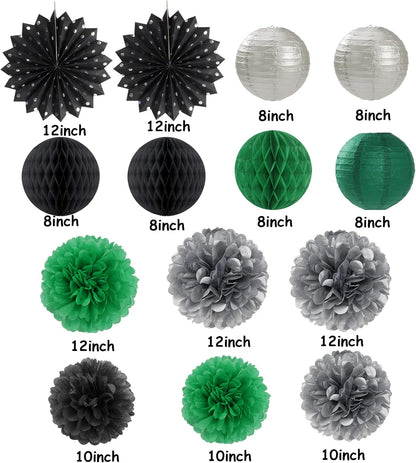 Black-Green Silver Party-Decorations Streamers Lanterns - 14pcs Graduation 2025 Paper Lanterns