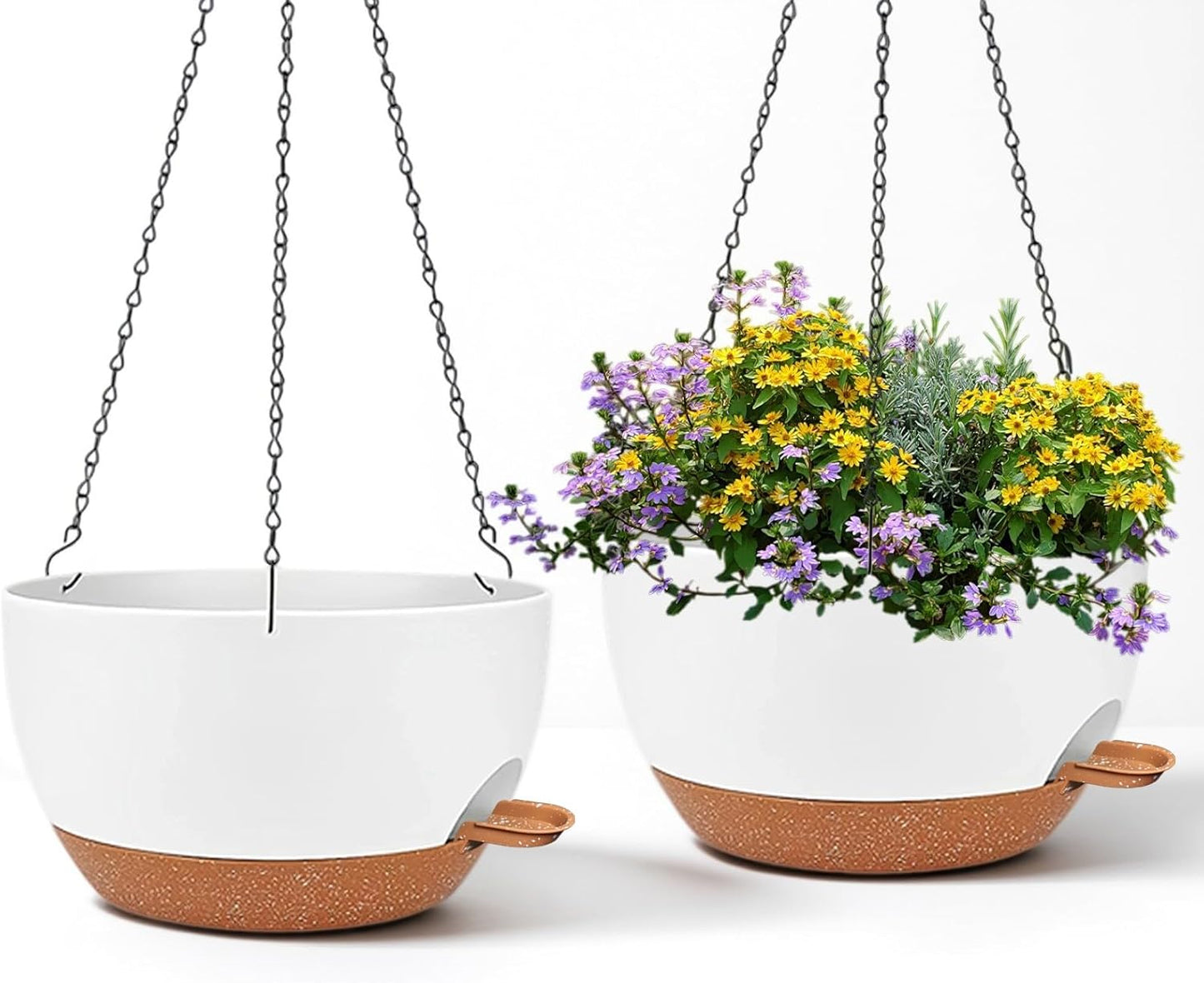 2 Pack 12 Inch Large Hanging Planters with Chains Self Watering White Brown Plastic Hanging Pots
