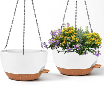 2 Pack 12 Inch Large Hanging Planters with Chains Self Watering White Brown Plastic Hanging Pots