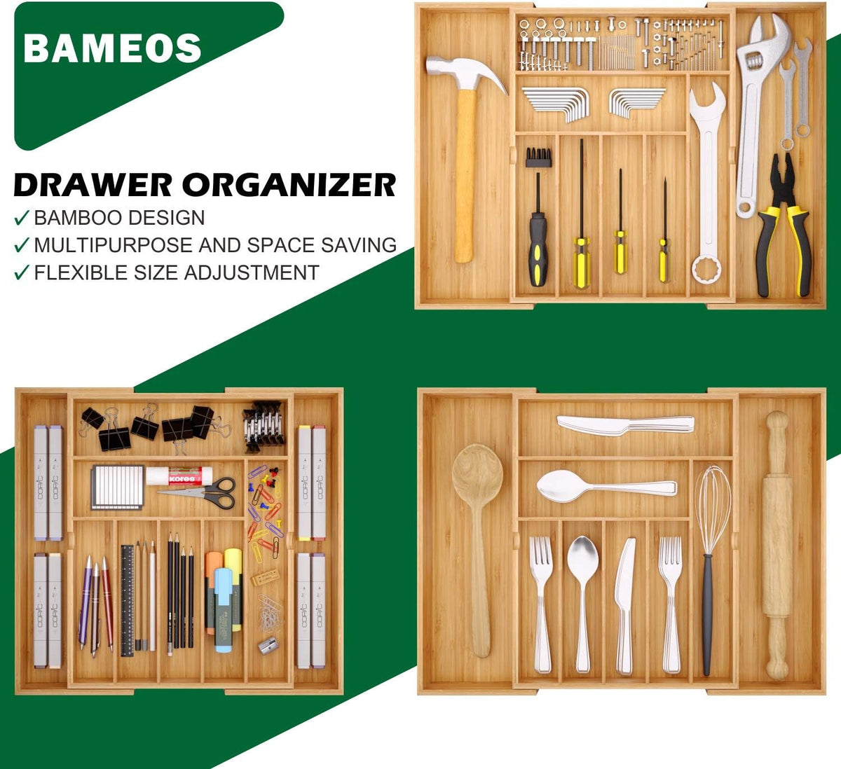BAMEOS drawer organizer flatware organizer cutlery tray silverware organizer expandable adjustable