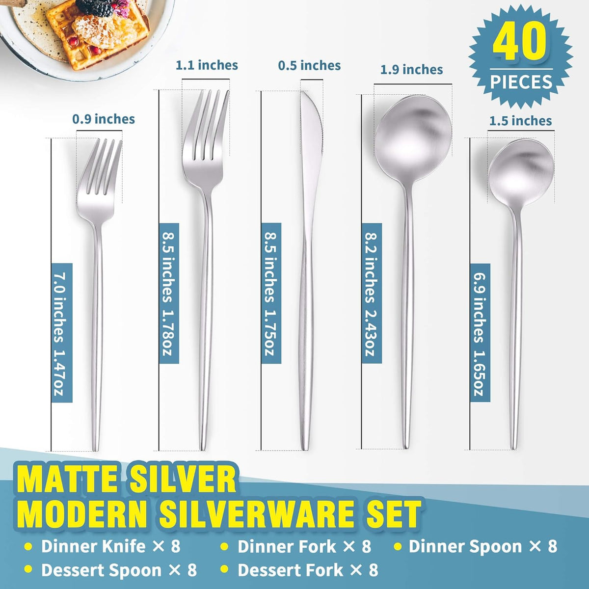 Matte Silverware Set for 8,Modern Stainless Steel Brushed Cutlery Set,40-Pieces Heavy Duty Flatware