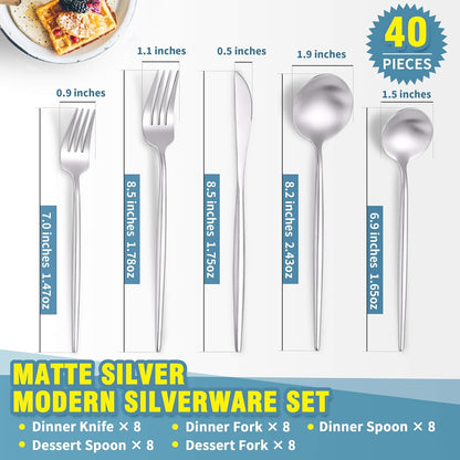 Matte Silverware Set for 8,Modern Stainless Steel Brushed Cutlery Set,40-Pieces Heavy Duty Flatware