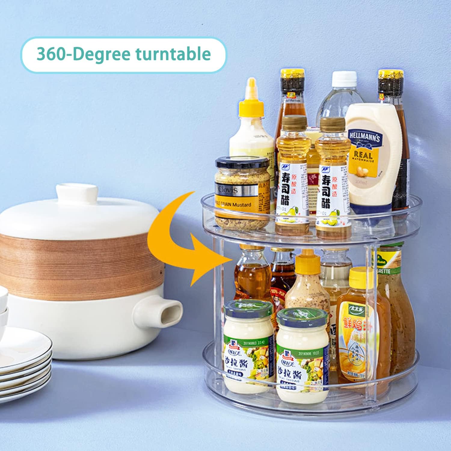URALFA 2 Tier Lazy Susan Turntable, 9 Inch Clear Tiered Lazy Susan Organizer, 360 Rotating Spinner