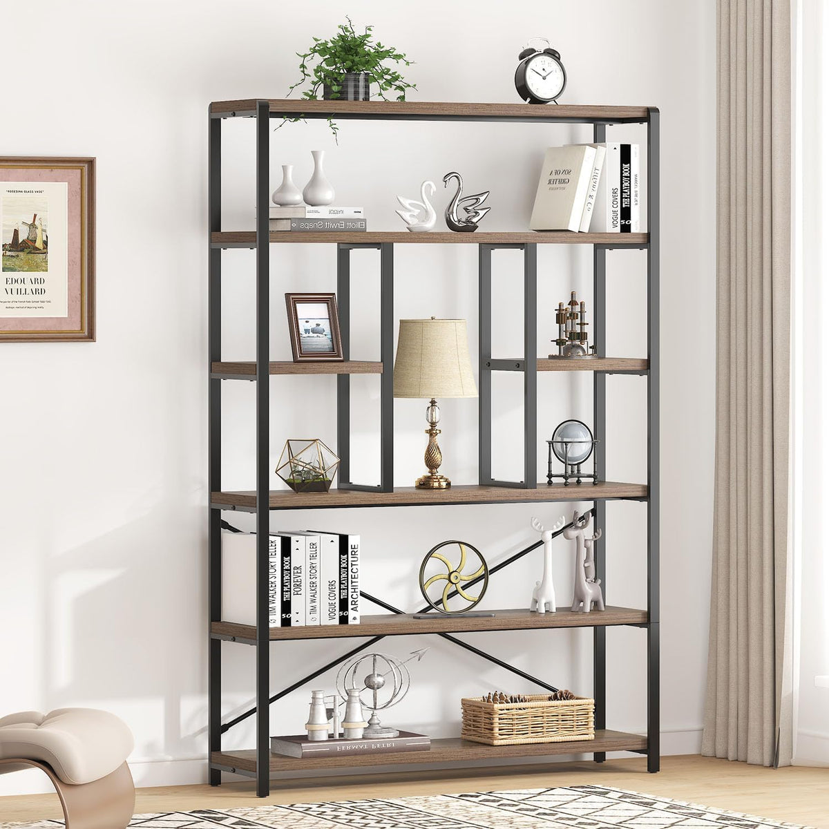 LVB Tall Industrial Etagere Bookcase, Modern Wood Large Open 6 Tier Bookshelf, Vintage Wide Metal