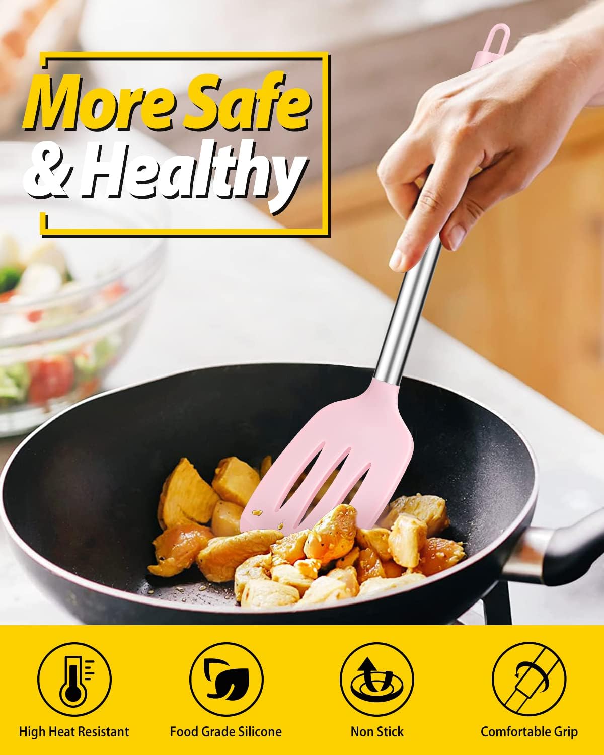 Pack of 2 Silicone Solid Turner, Non Stick Slotted Kitchen Spatulas, High Heat Resistant BPA Free