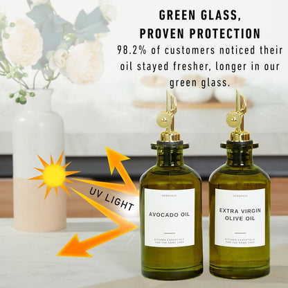 Green Glass Olive Oil Dispenser Bottle For Kitchen By Verpsace,Avocado Oil Dispenser Set, Modern